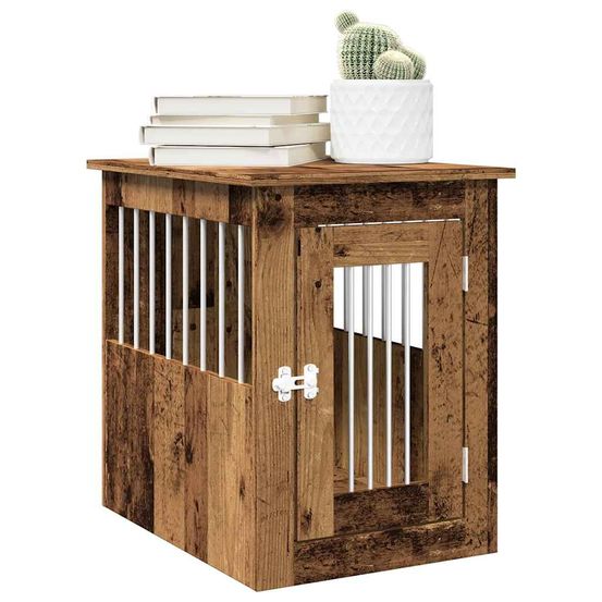 Meuble cage chien 2-en-1 bois acier table d'appoint intérieur vieux bois 59cm