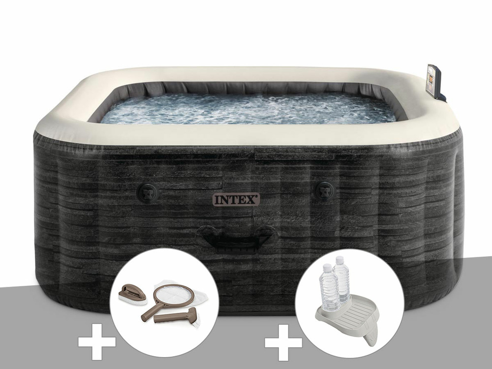 Kit spa gonflable purespa ardoise carré bulles 4 places + kit d'entretien + por