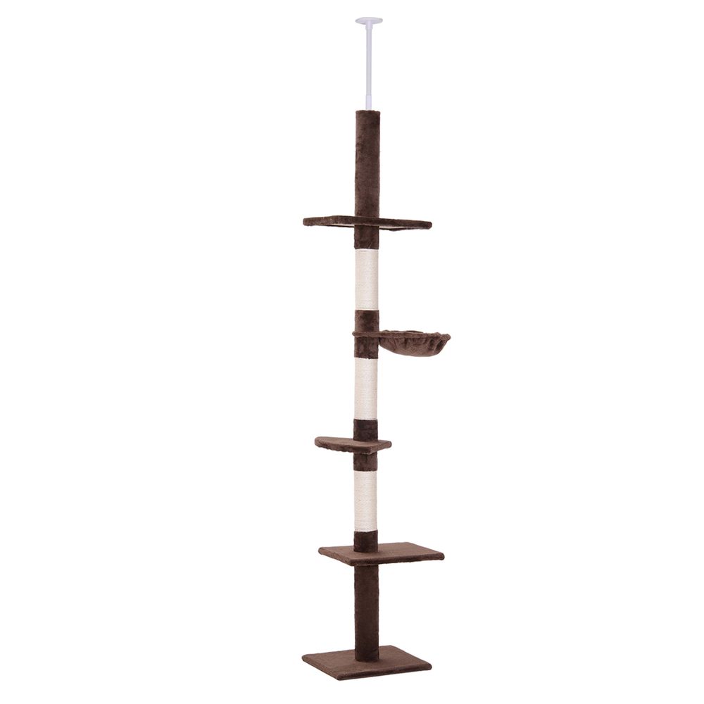 Arbre à chat sol-plafond pour chats grimpeurs avec hamac confortable et plateformes 260 cm marron