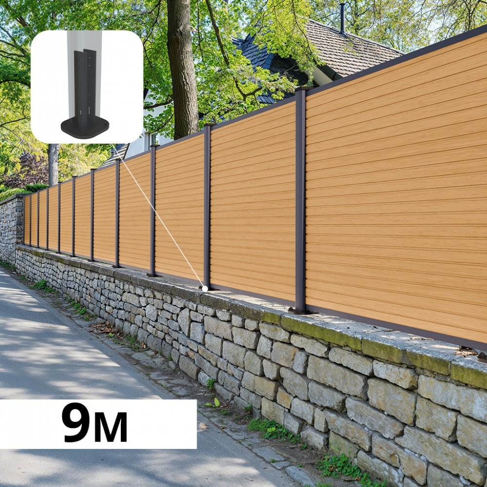 Kit clôture composite sur muret poteau sur platines - santos cèdre h-1,2m