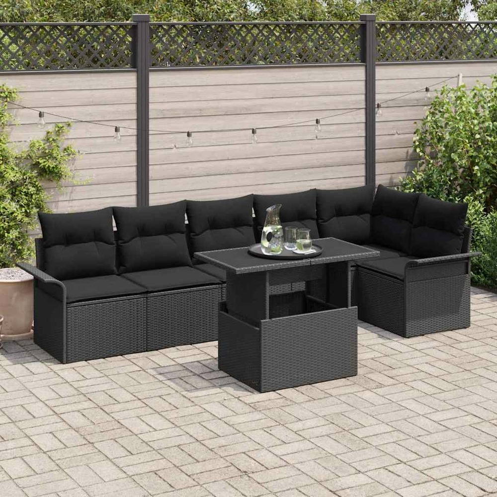 Ensemble de canapé de jardin avec coussin 7 pcs noir poly rotin