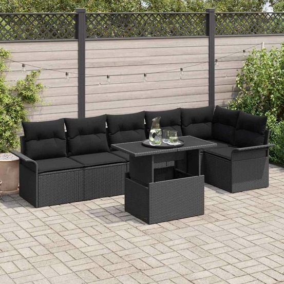 Ensemble de canapé de jardin avec coussin 7 pcs noir poly rotin