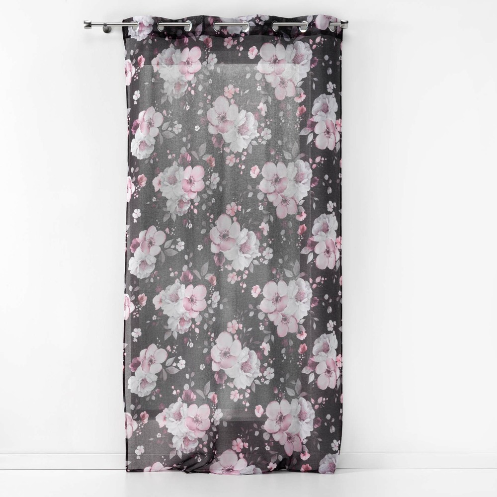 Rideau panneau a oeillets voile 140 x 280 cm bouquet de fleurs noir