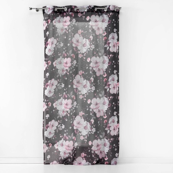 Rideau panneau a oeillets voile 140 x 280 cm bouquet de fleurs noir