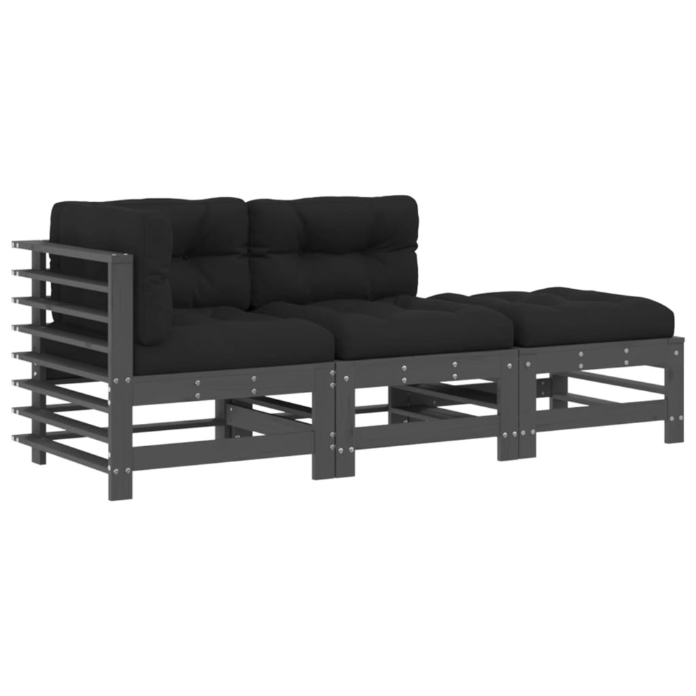 Salon de jardin 3 pcs avec coussins gris bois massif