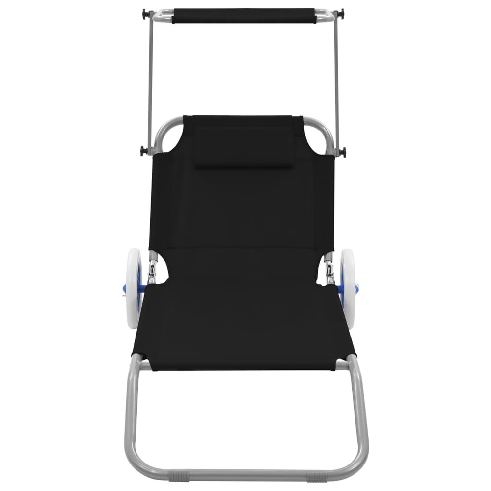 Chaise longue pliable avec auvent et roues acier noir