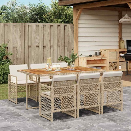 Ensemble à manger de jardin et coussins 7 pcs beige poly rotin