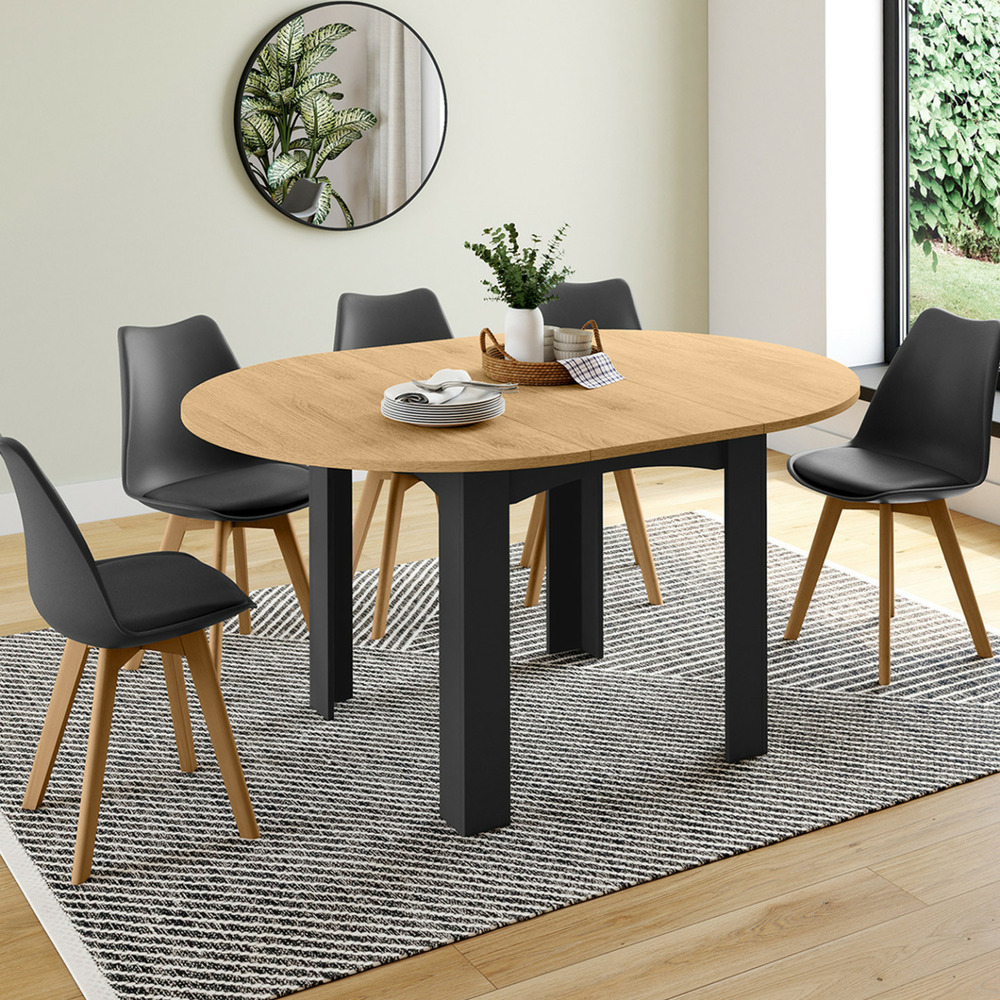 Table à manger extensible ronde dona 4-8 personnes noire plateau façon hêtre 110-150 cm