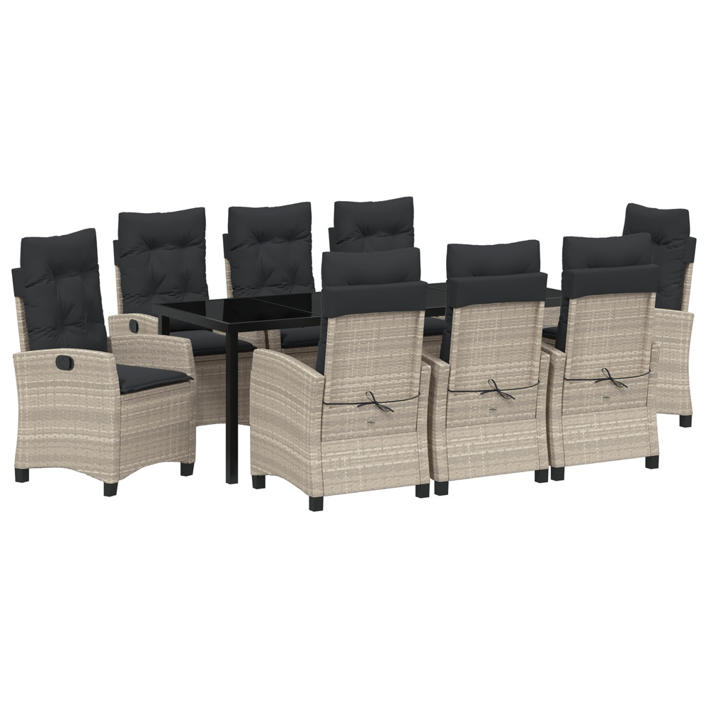 Ensemble de salle à manger de jardin de 9 pièces avec coussins en rattan poly gris clair