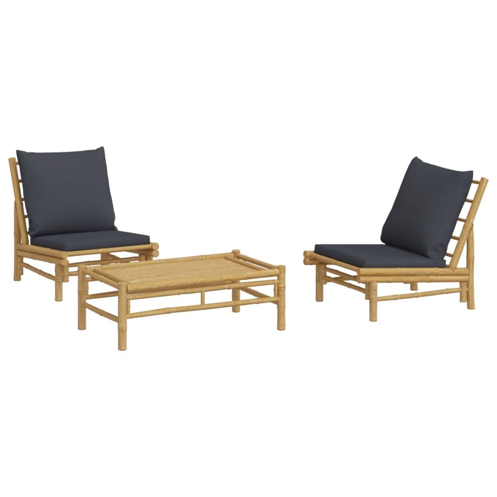 Salon de jardin meuble d'extérieur ensemble de mobilier 3 pièces avec coussins gris foncé bambou
