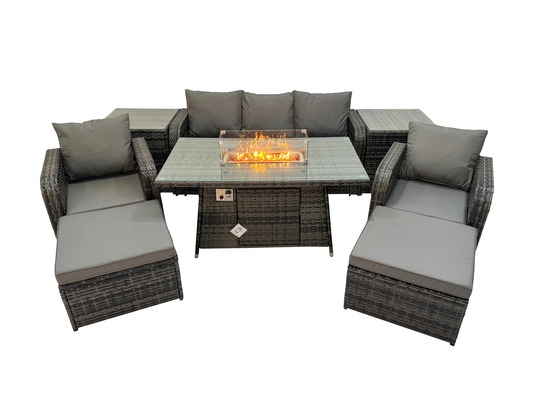 Ensemble de meubles de jardin en polyrotin table de foyer à gaz intérieur extérieur avec 2 tables d'appoint fauteuil