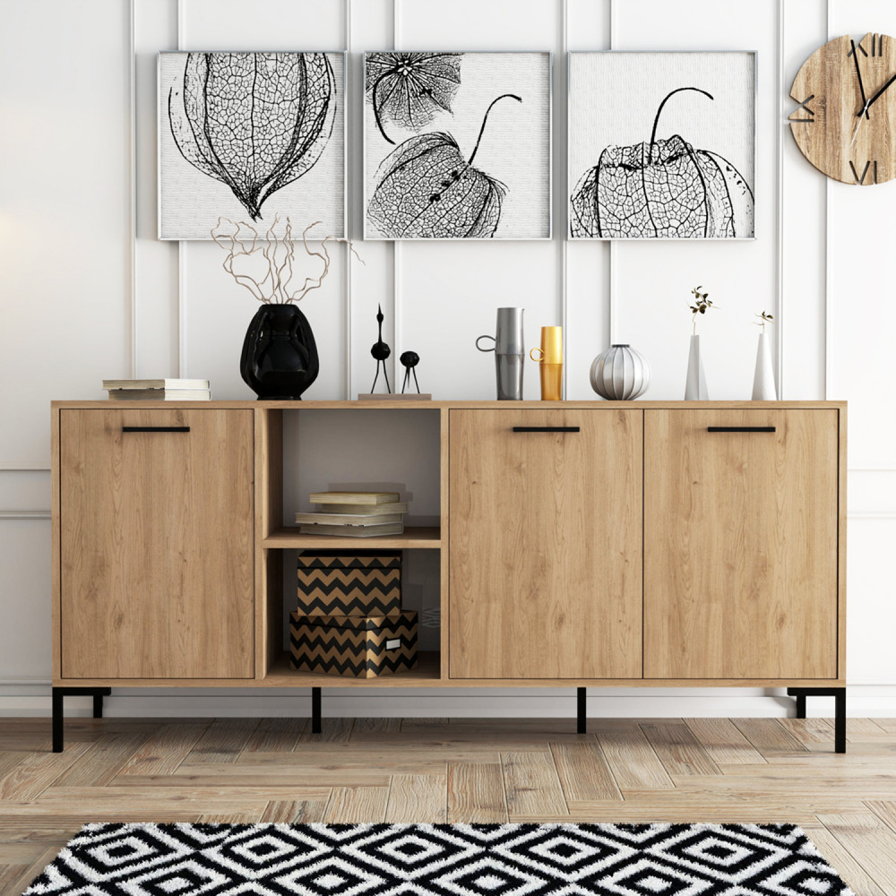 Buffet 3 portes et 2 niches finition bois et métal noir 180x80cm aura