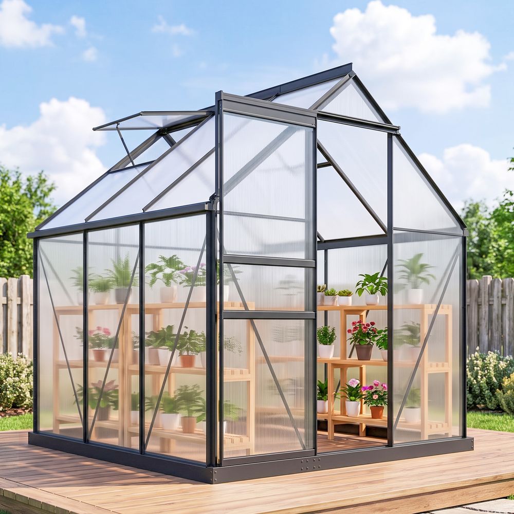 Serre polycarbonate aluminium 190 x 190 x 200 cm grise pour potager porte coulissante - comfortxl outdoor living