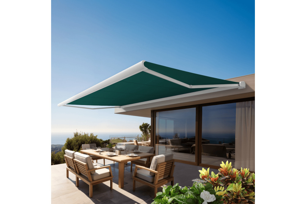 Store banne coffre intégral protect 2 smart blanc 4,05x3,5m motorisé à  télécommande + capteur vent - toile vert