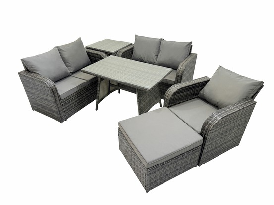 6 pièces ensemble de meubles de jardin en rotin avec table à manger fauteuil canapé d'amour grand tabouret table d'appoint