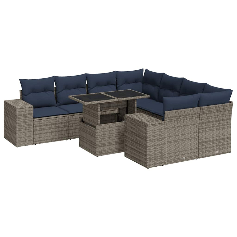 Salon de jardin avec coussins 9 pcs gris résine tressée acacia