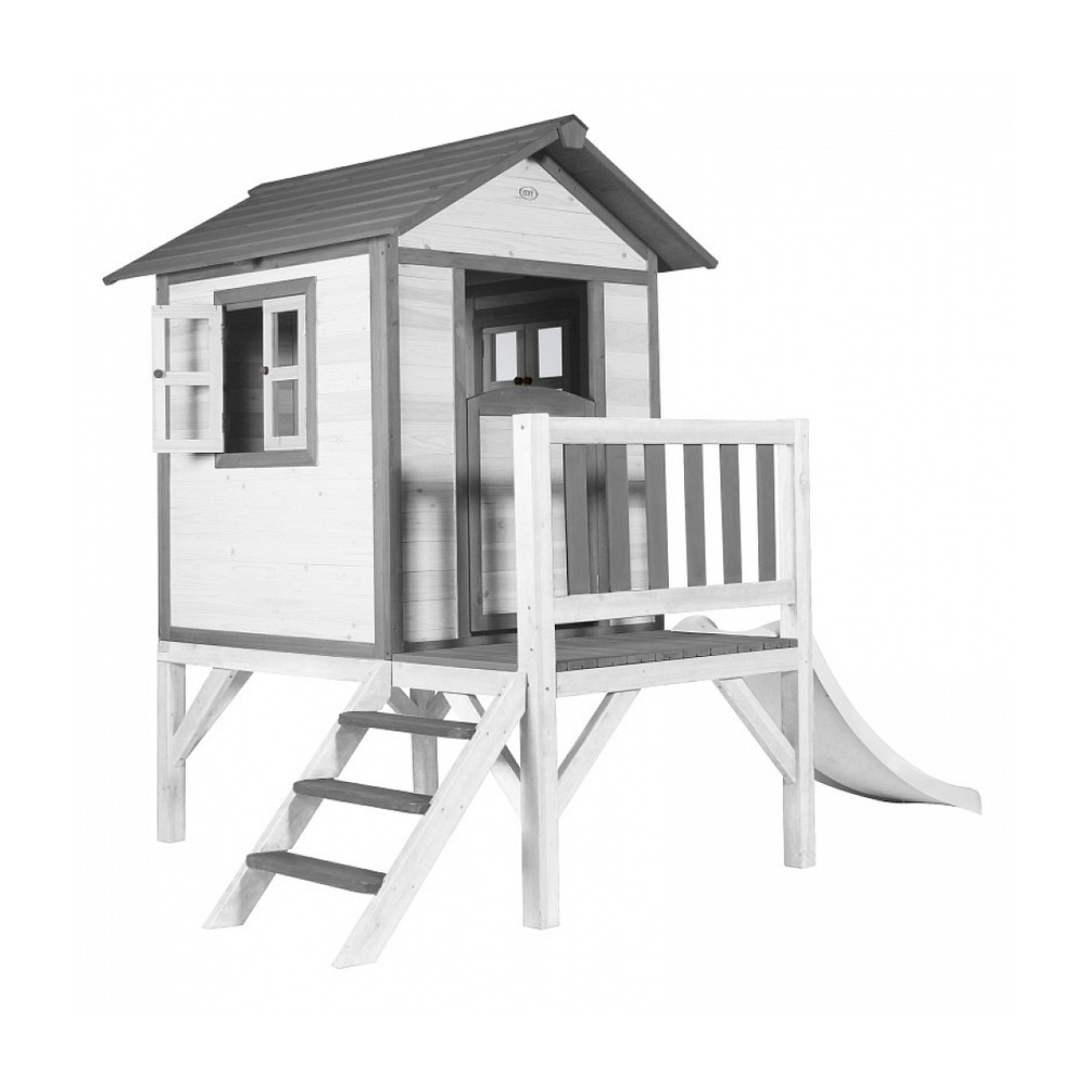 Maisonnette lodge xl en bois blanc et gris avec toboggan pour enfants