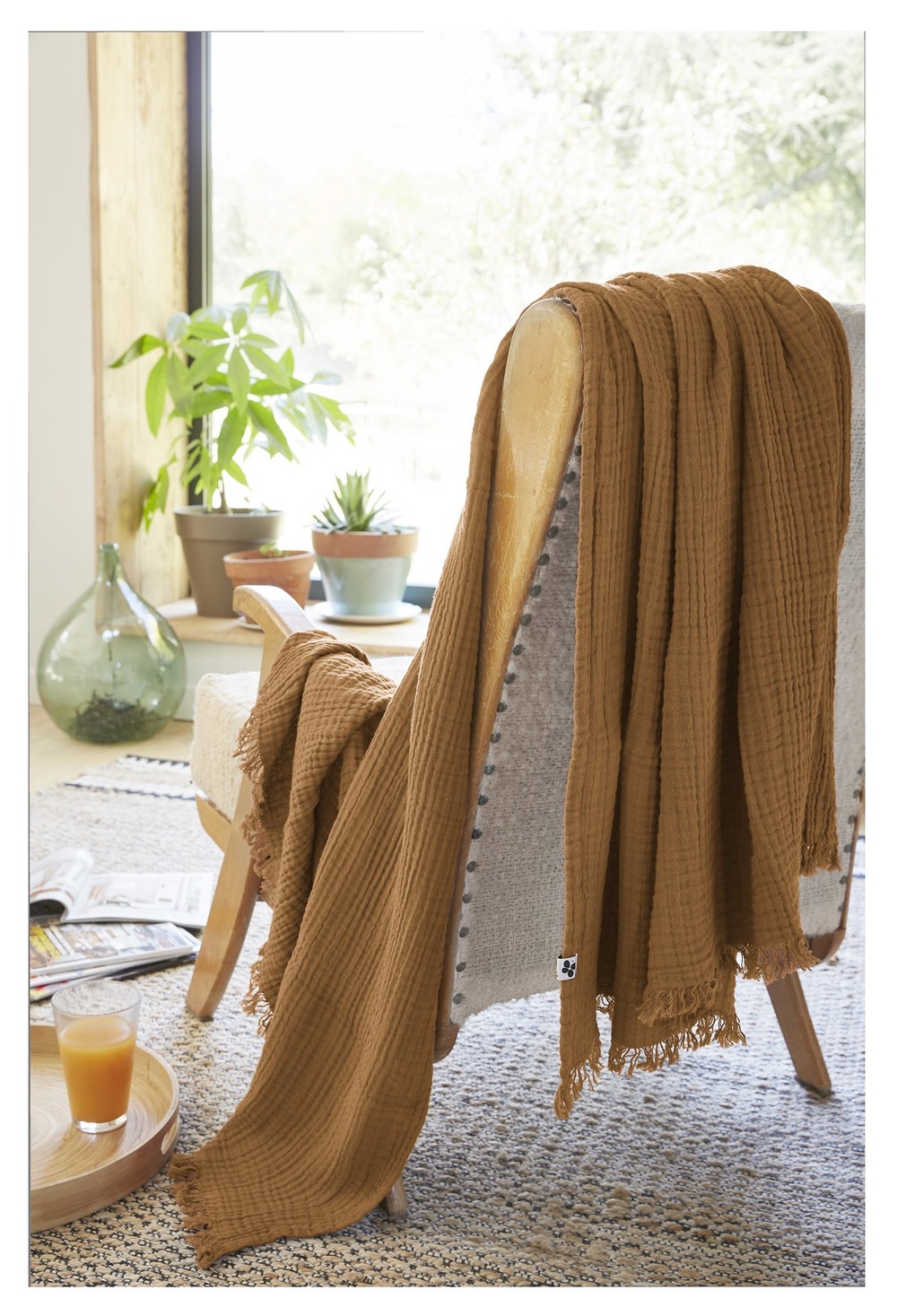 Plaid quadruple gaze de coton 180 x 220 cm gaia camel