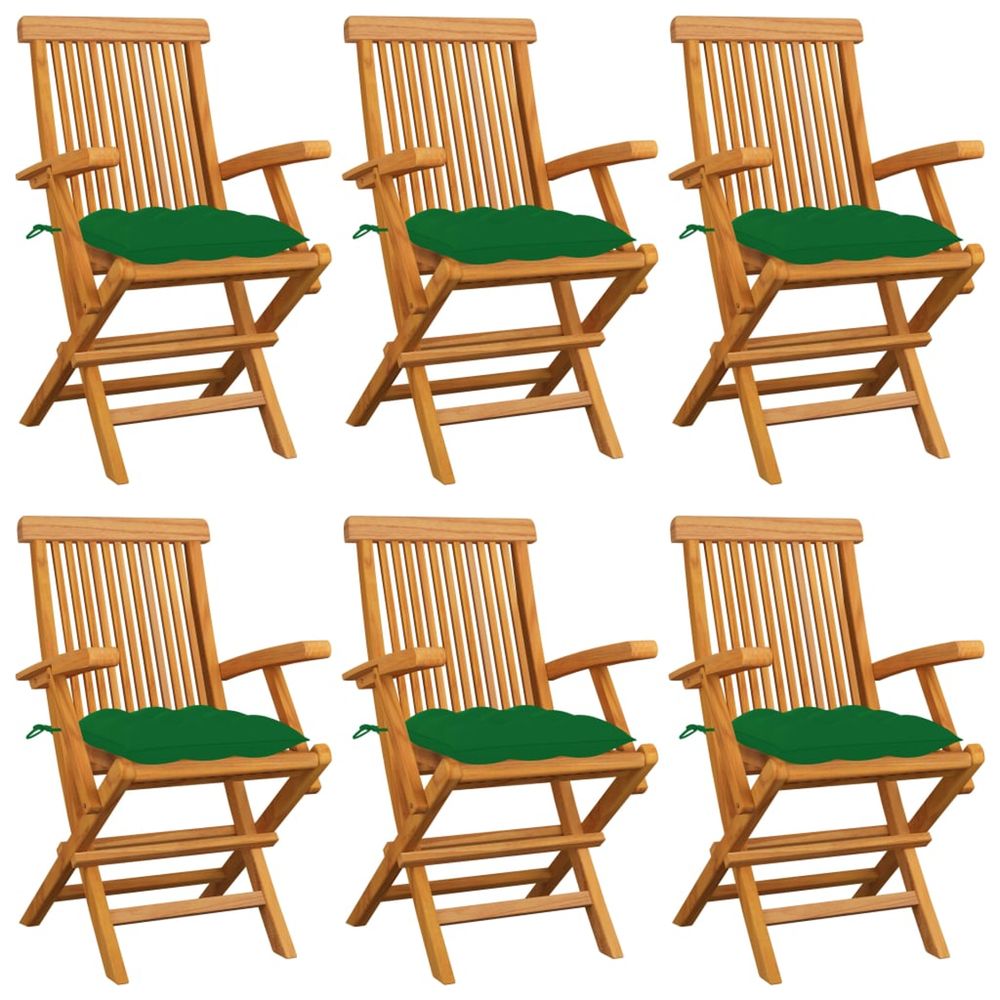 Chaises pliantes avec coussins verts, 6 pièces, en teck massif