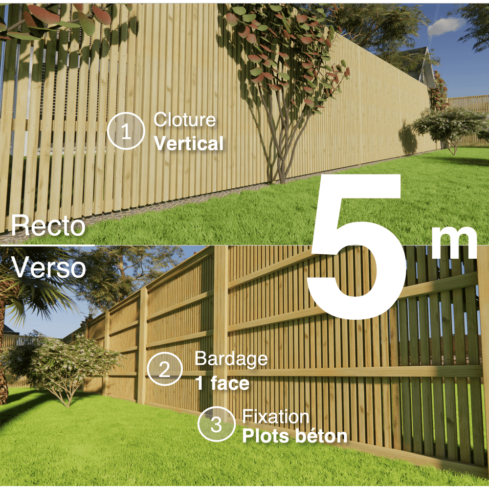 Kit clôture bois moderne 5m – h 2,3m – 45 x 45 mm autoclave – pose vertical – simple face – à sceller