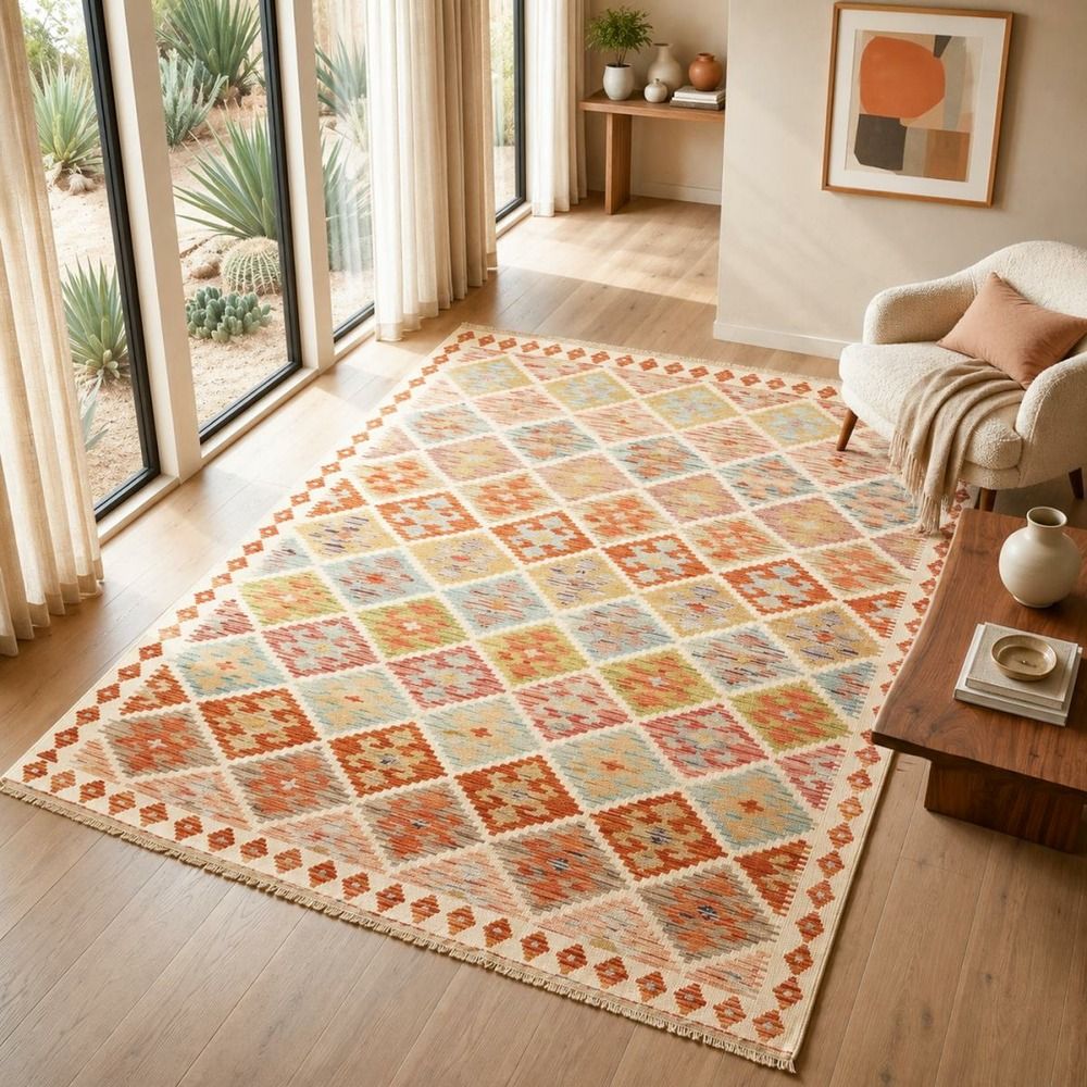 Tapis kilim 150 x 198 cm, multicolore, bleu et orange, en laine, kilim 50