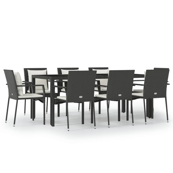 Ensemble à manger jardin 9pcs et coussins noir résine tressée