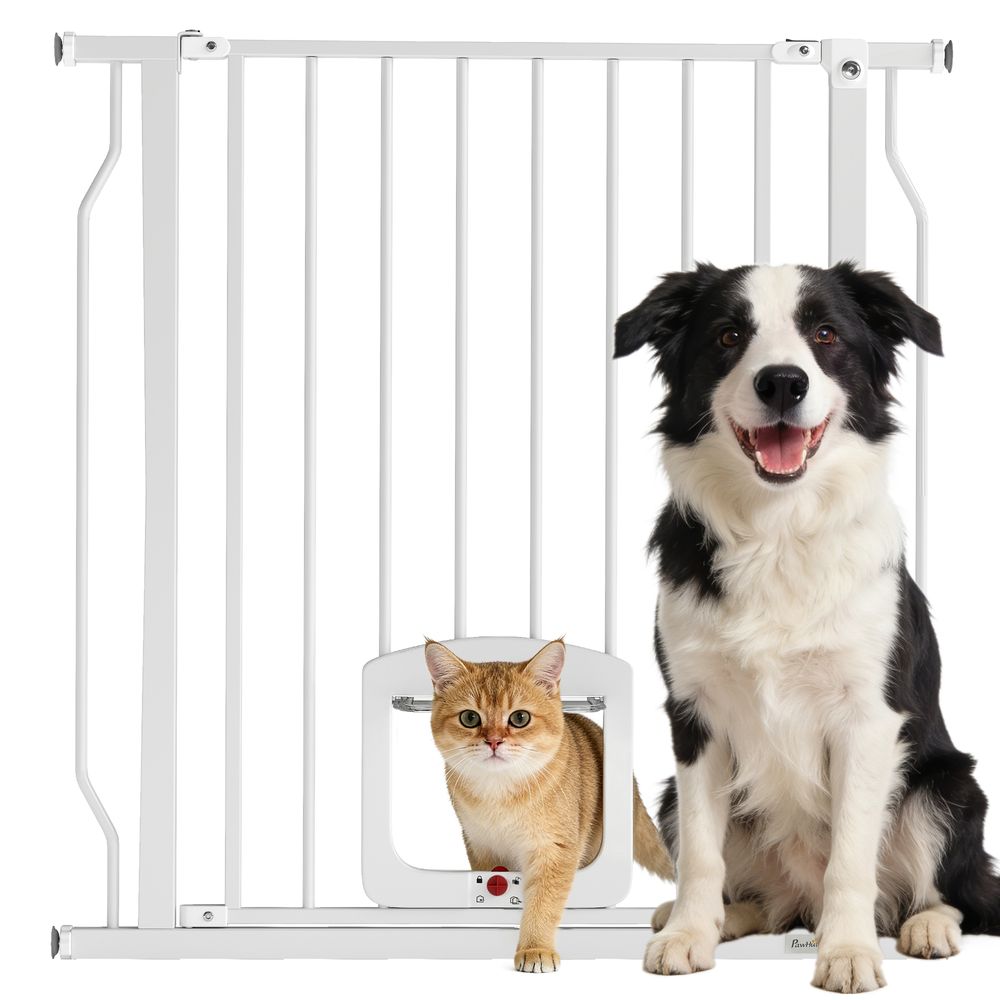 Barrière de sécurité chien acier 75-85 cm blanche avec chatière 4 positions sans perçage