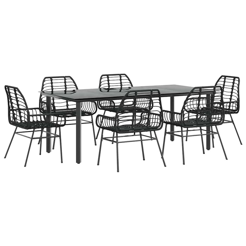 Ensemble à manger de jardin 7pcs noir poly rotin verre