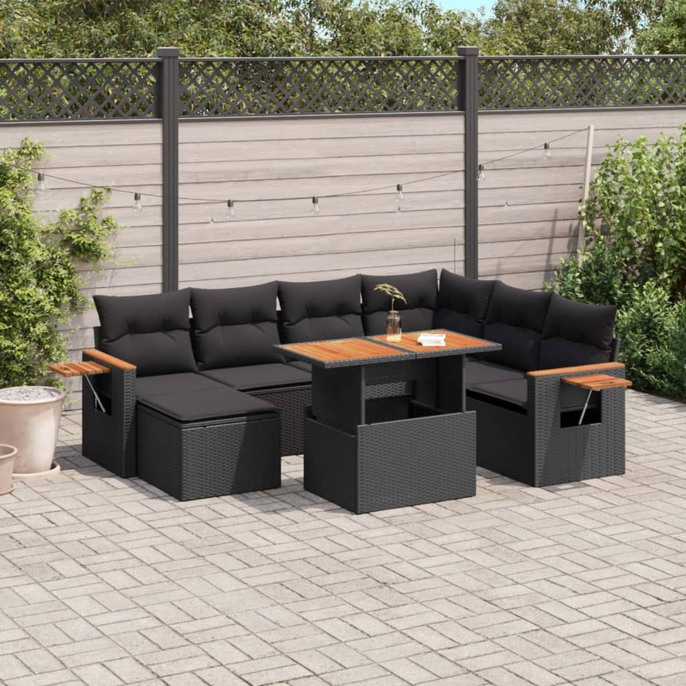 Salon de jardin 8 pcs avec coussins noir résine tressée