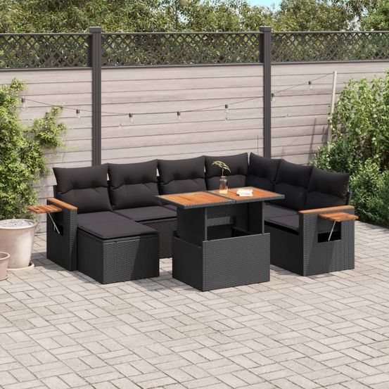 Salon de jardin 8 pcs avec coussins noir résine tressée