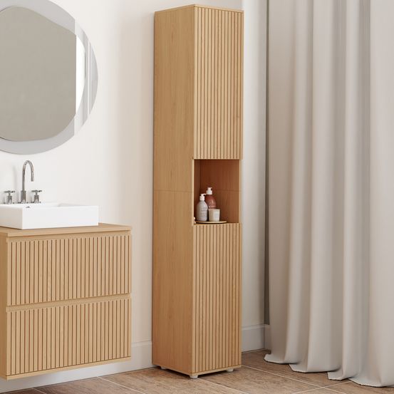 Meuble colonne salle de bain victor 2 portes 1 niche effet lattes
