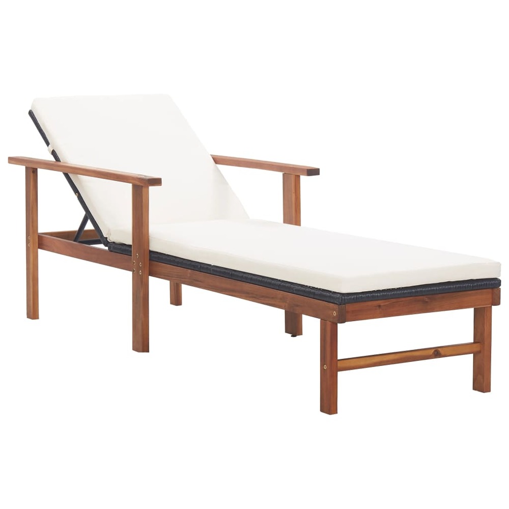 Transat chaise longue bain de soleil lit de jardin terrasse meuble d'extérieur et coussin résine tressée et bois d'acacia noi