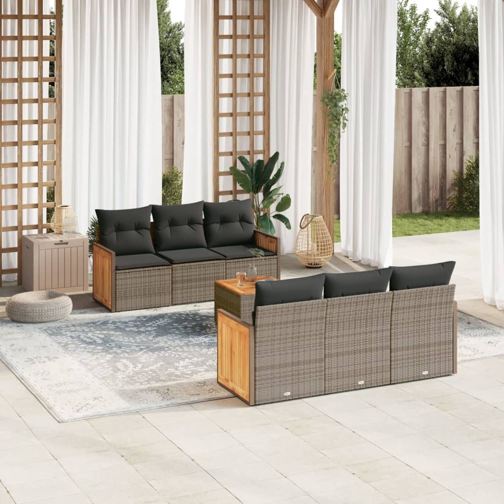 Salon de jardin avec coussins 7 pcs gris résine tressée