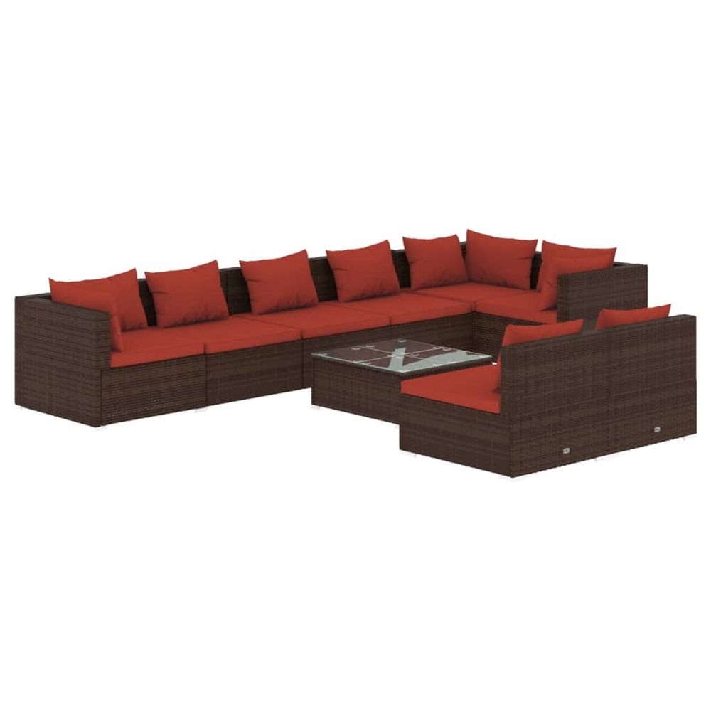 Salon de jardin avec coussins 9 pcs marron résine tressée