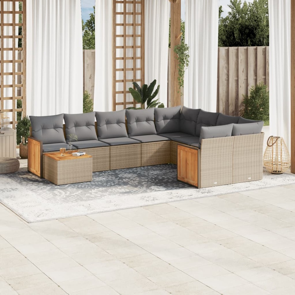 Salon de jardin avec coussins 10 pcs beige résine tressée