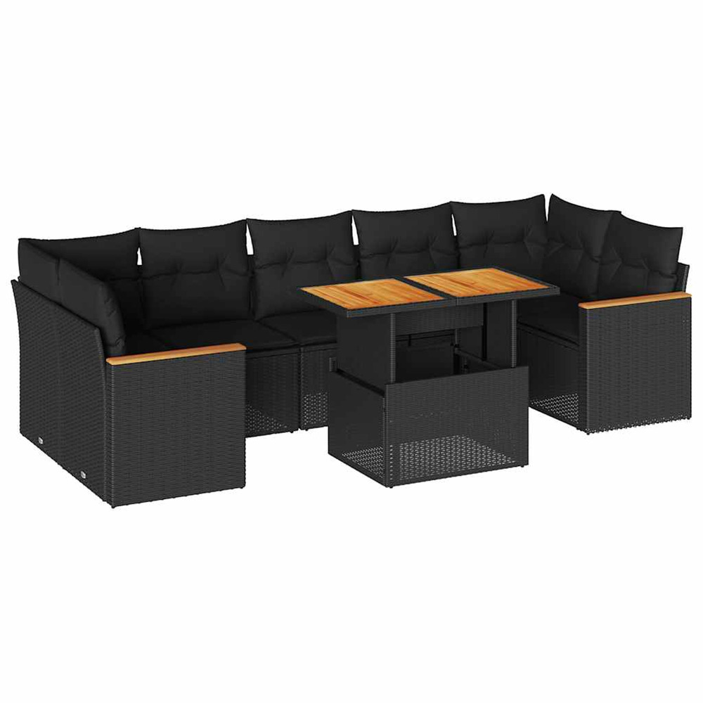 Salon de jardin avec coussins 8 pcs noir résine tressée acacia