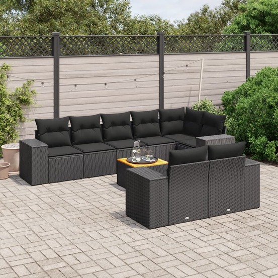 Salon de jardin 9 pcs avec coussins noir résine tressée