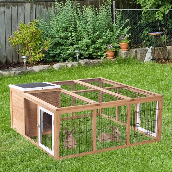 Enclos lapin extérieur bois sapin jardin toit bitumé ouvrant 123x120cm naturel