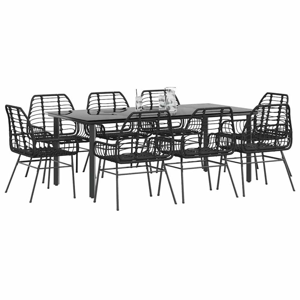 Ensemble à manger de jardin 9pcs noir poly rotin verre