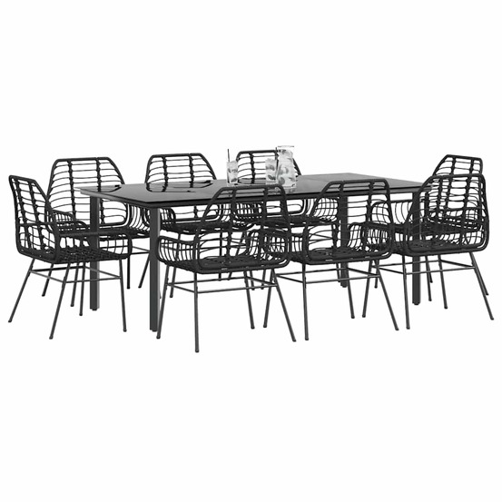 Ensemble à manger de jardin 9pcs noir poly rotin verre
