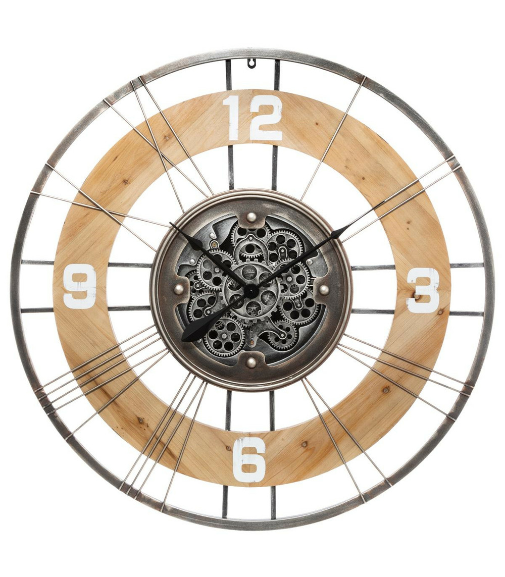 Grande pendule murale silencieuse en métal et bois d 90 cm