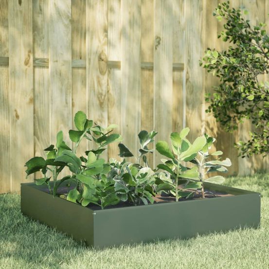 Carré potager surélevé en acier pour jardin terrasse vert olive 100x100x33,5 cm