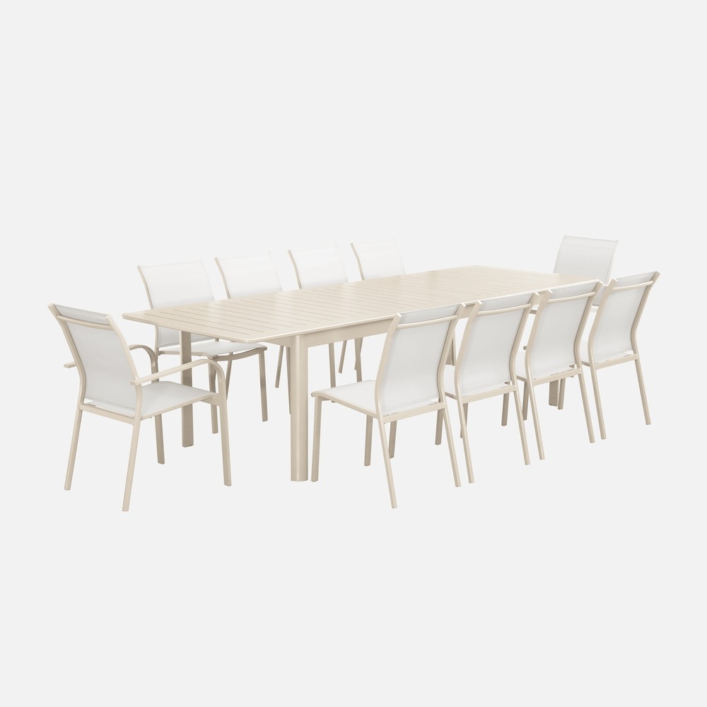 Table de jardin extensible aluminium et textilène, 8 chaises, 2 fauteuils, 10 places, 290 x 100 x 75 cm