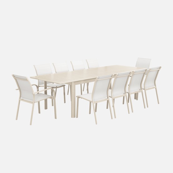 Table de jardin extensible aluminium et textilène, 8 chaises, 2 fauteuils, 10 places, 290 x 100 x 75 cm