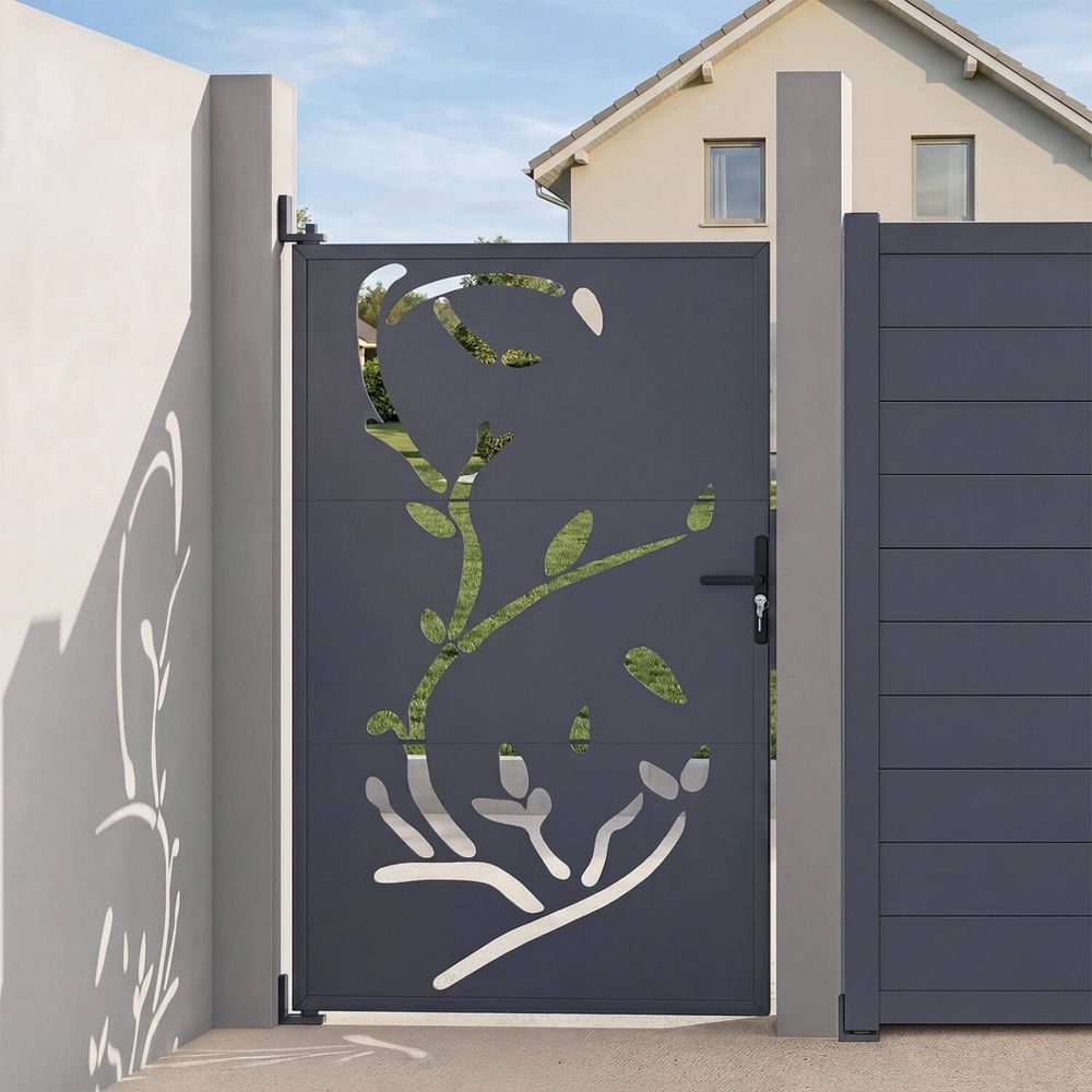 Portillon 100 x 160 cm en acier gris anthracite avec motifs flower