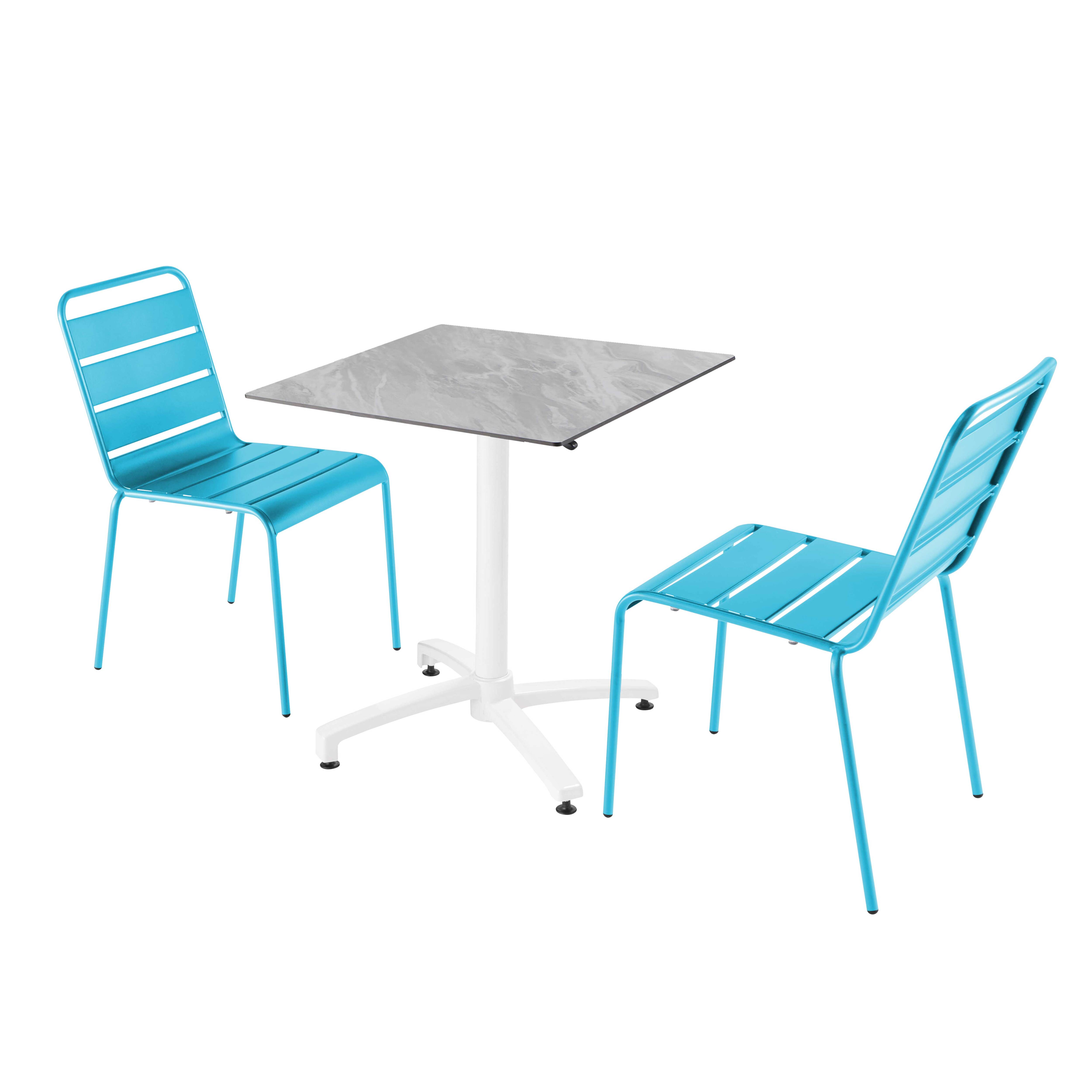 Ensemble table de terrasse stratifié marbre et 2 chaises bleu