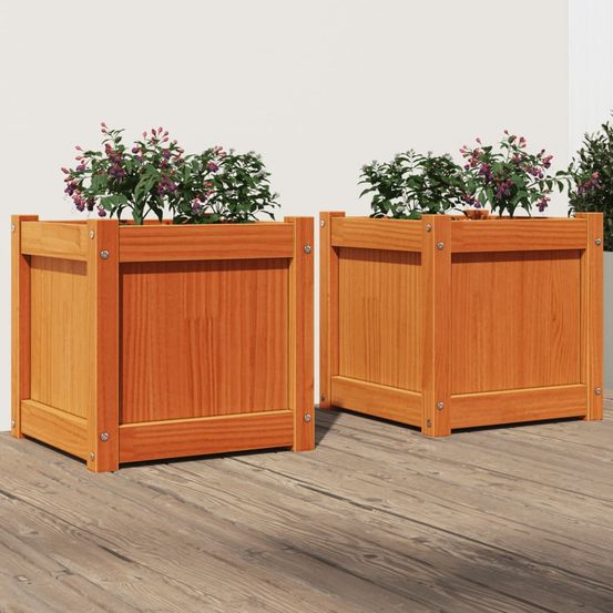 Lot de 2 grands bacs à fleurs pin massif ciré marron 40 cm