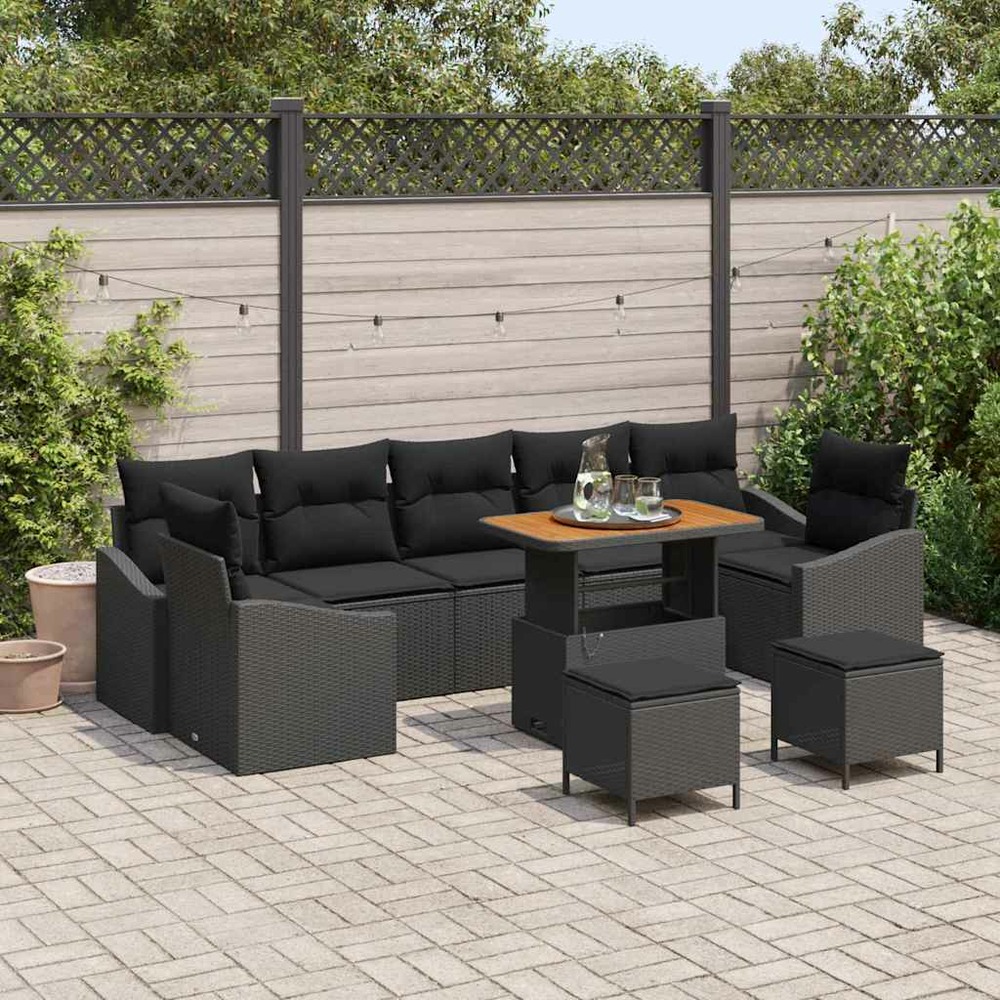 Ensemble de canapé de jardin avec coussin 10 pcs noir polyrotin