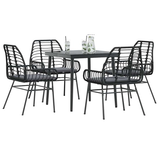 Ensemble à manger de jardin et coussins 5 pcs noir rotin verre