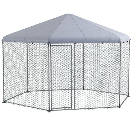 Enclos poulailler acier galvanisé argent 400 x 346 x 263 cm 10 à 15 poules toit anti-uv